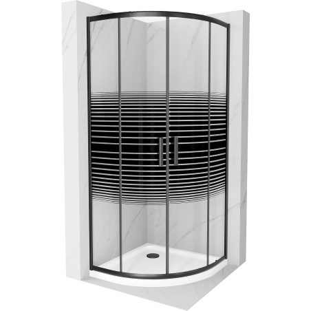 Mexen Rio полукръгла душ кабина 80 x 80 см, черни ивици, черна + плитък поддушово корито, бял - 863-080-080-70-20-4110B