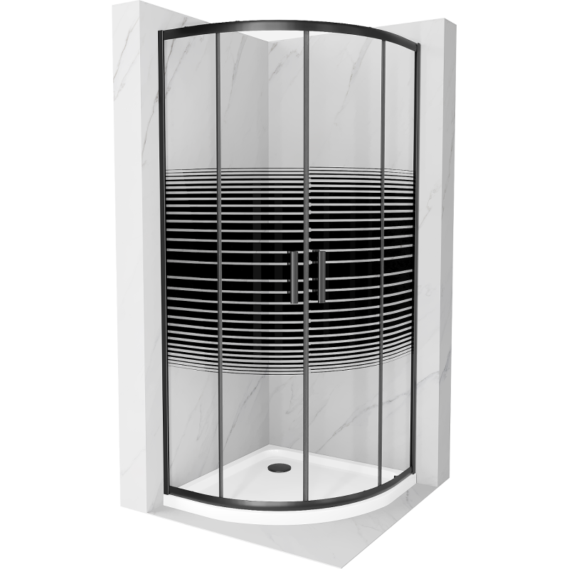 Mexen Rio полукръгла душ кабина 90 x 90 см, черни ивици, черна + плосък поддушов съд, бял - 863-090-090-70-20-4110B