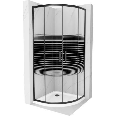 Mexen Rio полукръгла душ кабина 90 x 90 см, черни ивици, черна + плосък поддушов съд, бял - 863-090-090-70-20-4110B