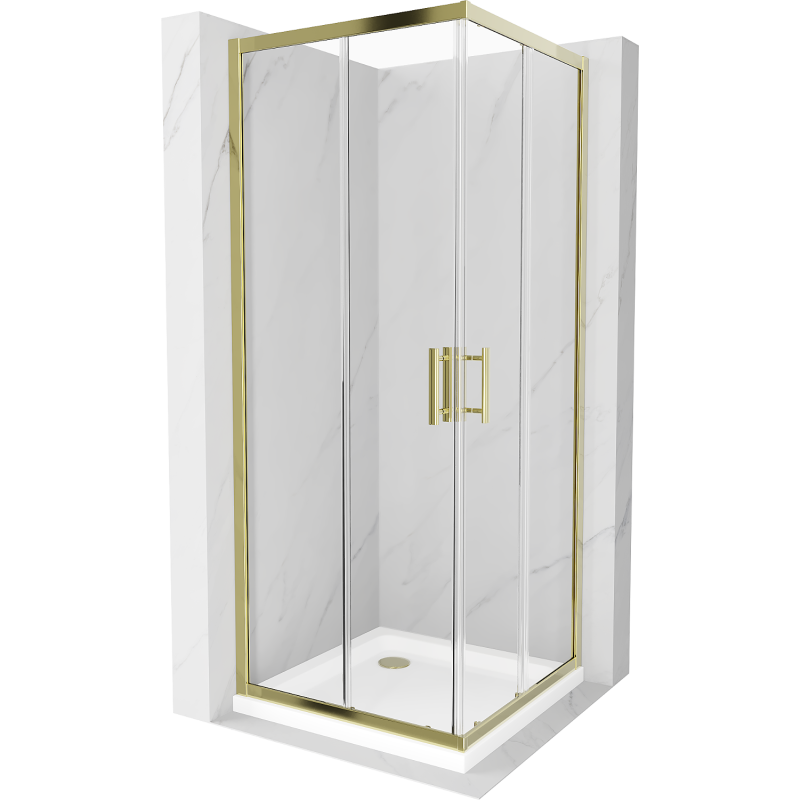Квадратна душкабина Mexen Rio 80 x 80 см, прозрачна, златна + поддушово корито Flat, бяло - 860-080-080-50-00-4010G