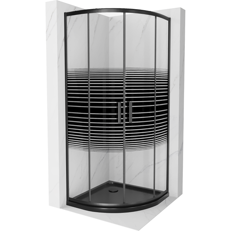 Mexen Rio полукръгла душ кабина 90 x 90 см, черни ивици, черна + корито Flat, черно - 863-090-090-70-20-4170B