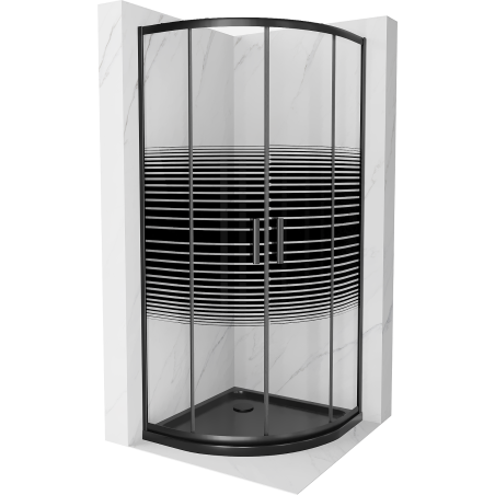 Mexen Rio полукръгла душ кабина 90 x 90 см, черни ивици, черна + корито Flat, черно - 863-090-090-70-20-4170B