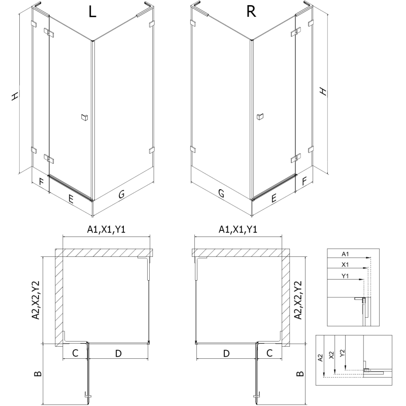 Mexen Lunar L лява отваряема душ кабина 70 x 70 см, прозрачна, четкана мед - 834L-070-070-65-00-L