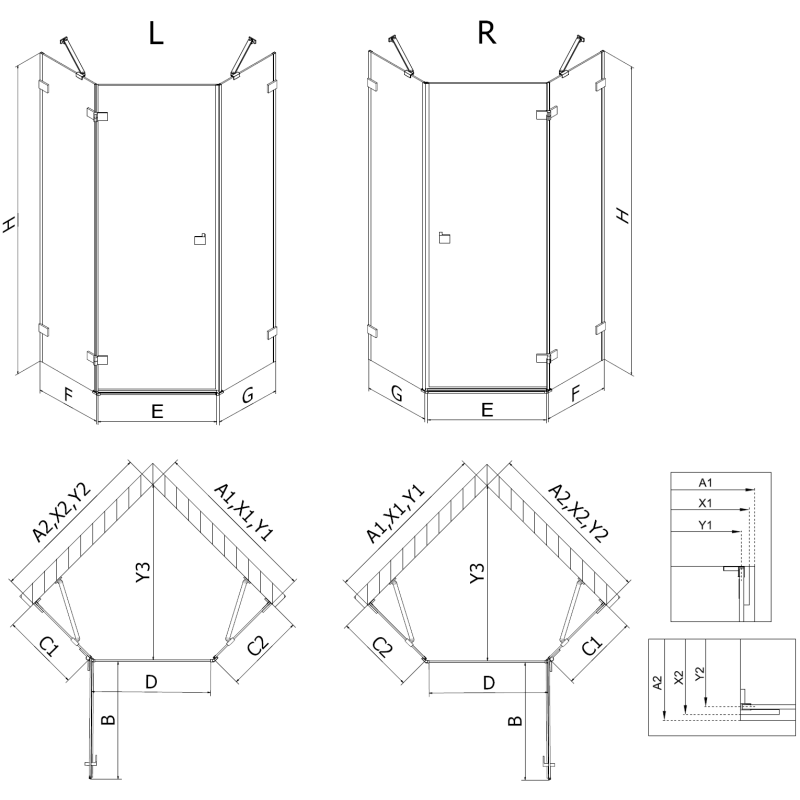 Mexen Lunar петостенна душ кабина с лява врата 90 x 90 см, прозрачна, златна четка - 831-090L-090P-55-00-L
