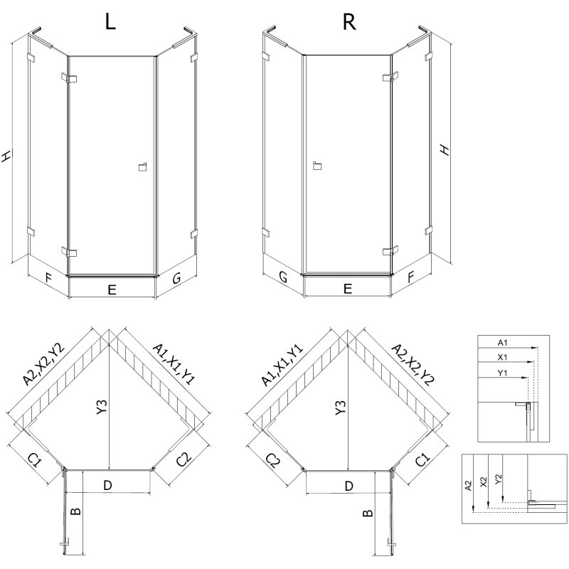Mexen Lunar L петтоъгълна душ кабина с лява врата 80 x 100 см, прозрачна, четкана мед - 831L-080L-100P-65-00-L