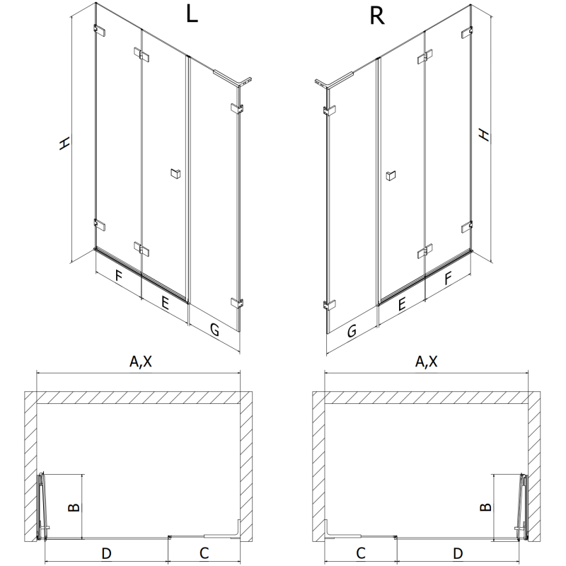 Mexen Lunar-F L сгъваеми душ врати, десни 150 cm, прозрачни, черни - 836SL-150-050-70-00-P