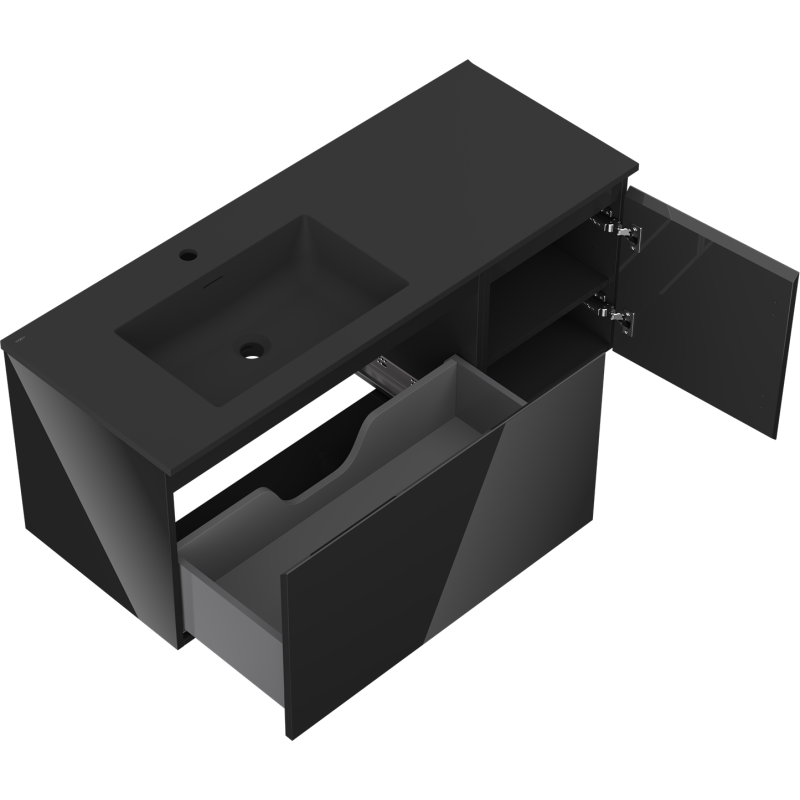 Mexen Orio шкаф за баня 120 см с мивка Отис лява, 1S, 1D, черен гланц/черен мат