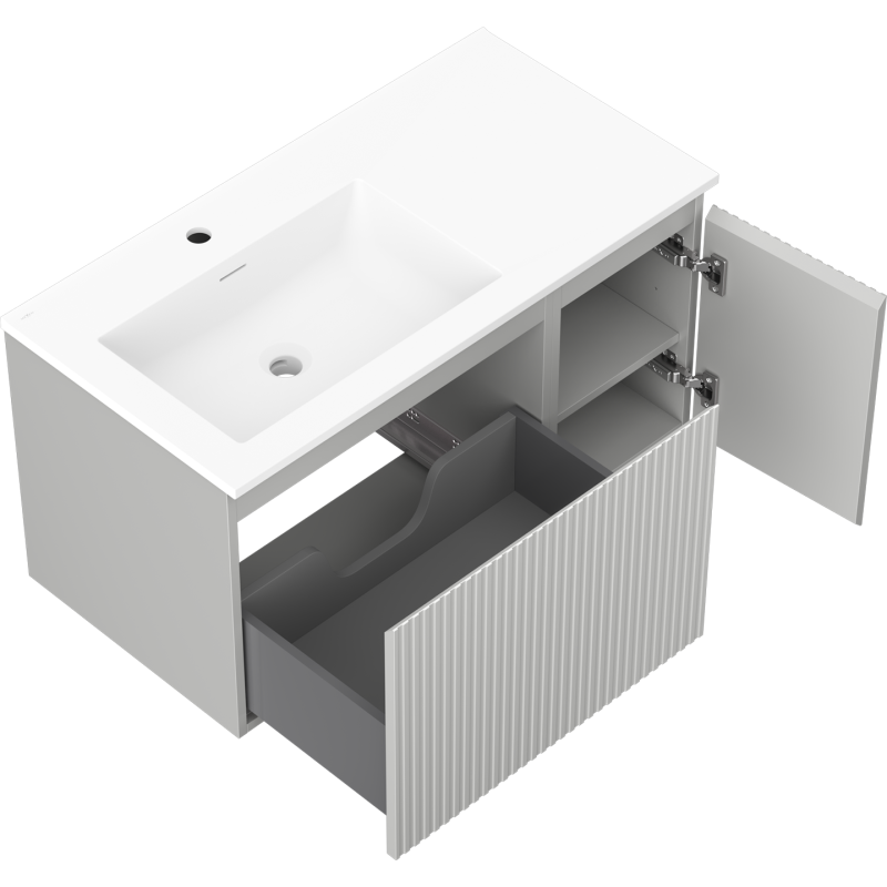 Mexen Rivel баня шкаф 90 см с мивка Otis лява, 1S, 1D, гравиран, сив мат/бял мат - 91A23-09047-3-BBFF62-W18L01