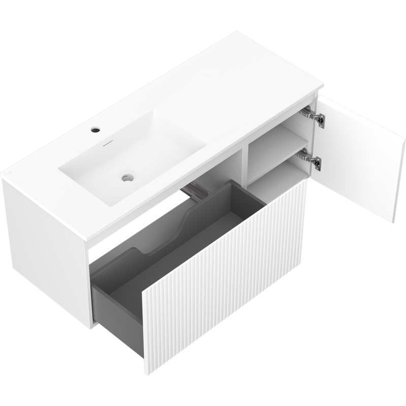 Mexen Rivel шкаф за баня 120 см с мивка Otis ляв, 1S, 1D, рифел, бял мат