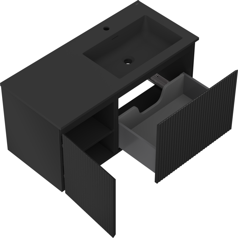 Mexen Rivel шкаф за баня 100 cm с мивка Otis дясна, 1S, 1D, рифлована, черна мат - 91A23-10047-3-BBFF71-W18P71