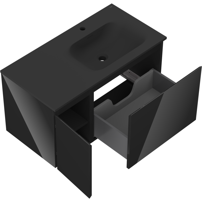 Mexen Orio Шкаф за баня 90 см с мивка Vela отдясно, 1S, 1D, черен гланц/черен мат - 91A13-09047-3-BBFF70-W23P71