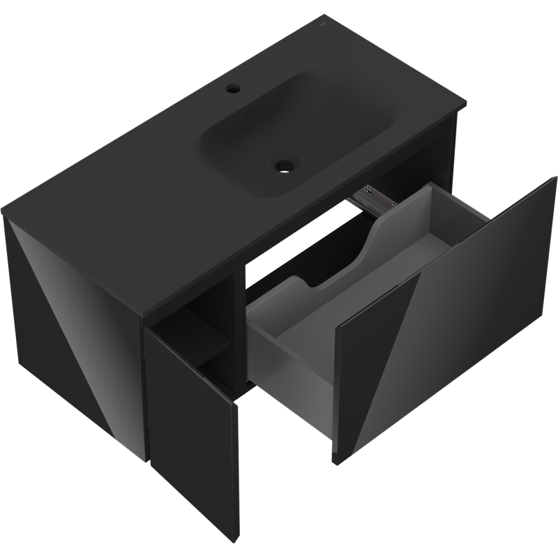 Mexen Orio шкаф за баня 100 см с мивка Vela дясна, 1S, 1D, черен гланц/черен мат - 91A13-10047-3-BBFF70-W23P71