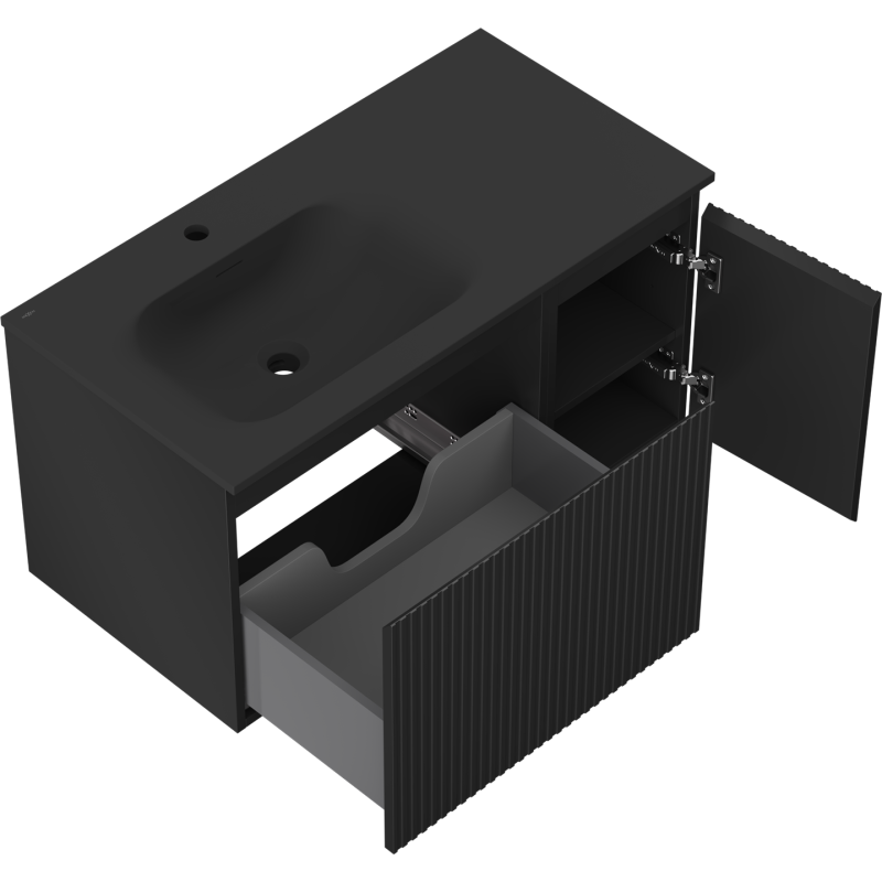 Mexen Rivel шкаф за баня 90 см с мивка Vela лява, 1S, 1D, релефна, черна мат - 91A23-09047-3-BBFF71-W23L71