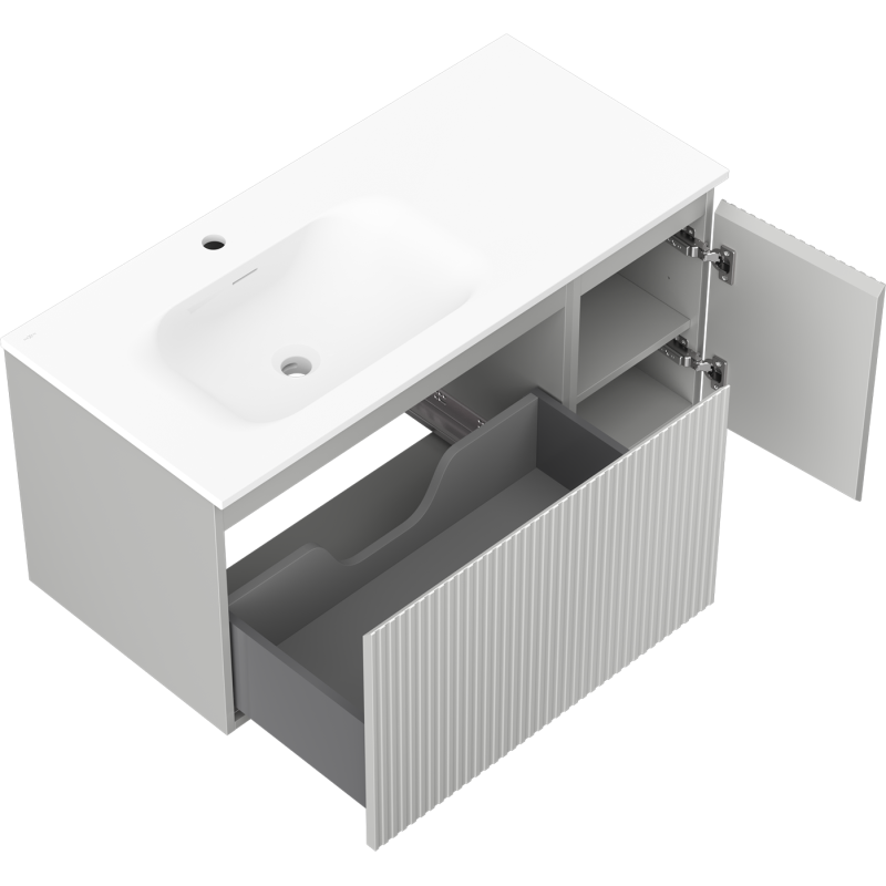 Mexen Rivel шкаф за баня 100 см с мивка Vela лява, 1S, 1D, рифлен, сив мат/бял мат