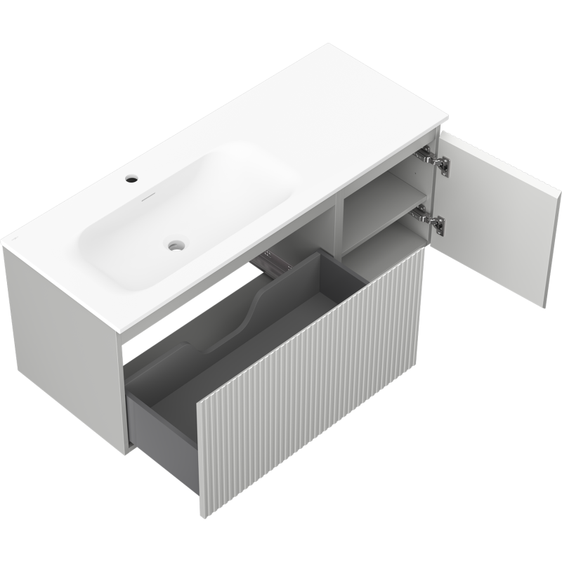 Mexen Rivel шкаф за баня 120 см с мивка Vela лява, 1S, 1D, оребрена, сива мат/бяла мат - 91A23-12047-3-BBFF62-W23L01