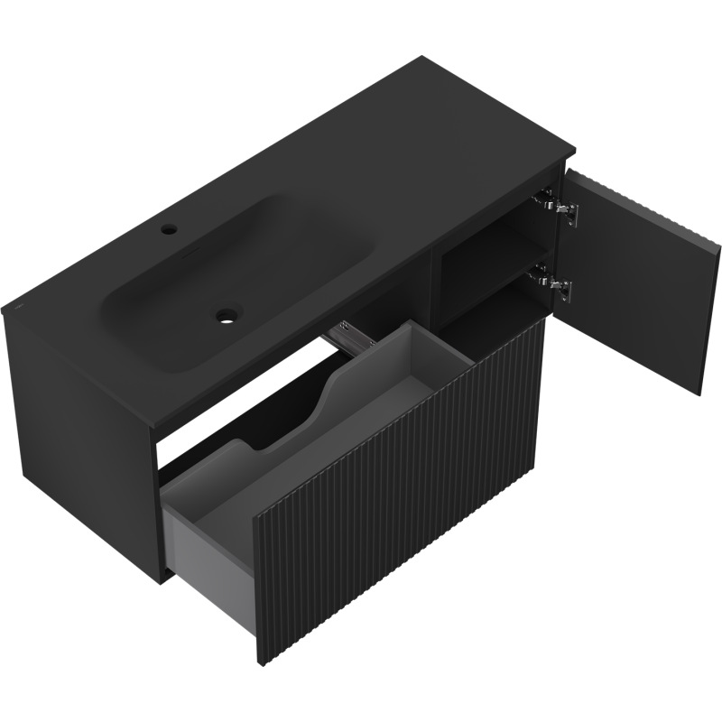Mexen Rivel шкаф за баня 120 см с мивка Vela лява, 1S, 1D, рифел, черен мат - 91A23-12047-3-BBFF71-W23L71