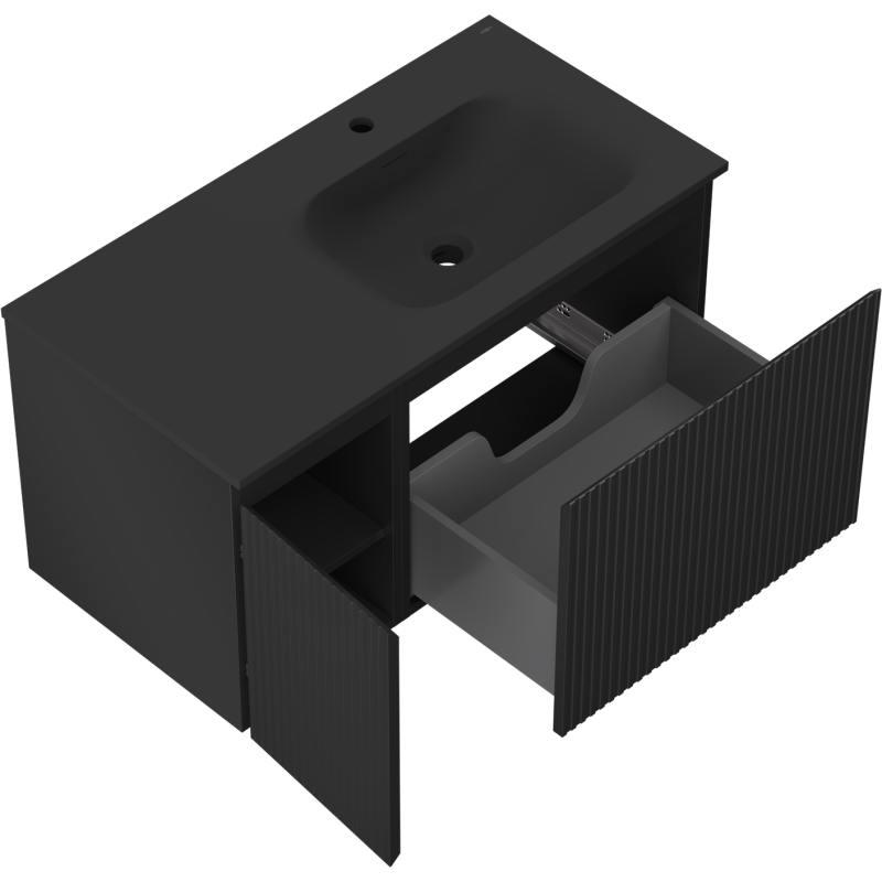 Mexen Rivel баня шкаф 90 см с мивка Vela дясна, 1S, 1D, релефен, черен мат - 91A23-09047-3-BBFF71-W23P71