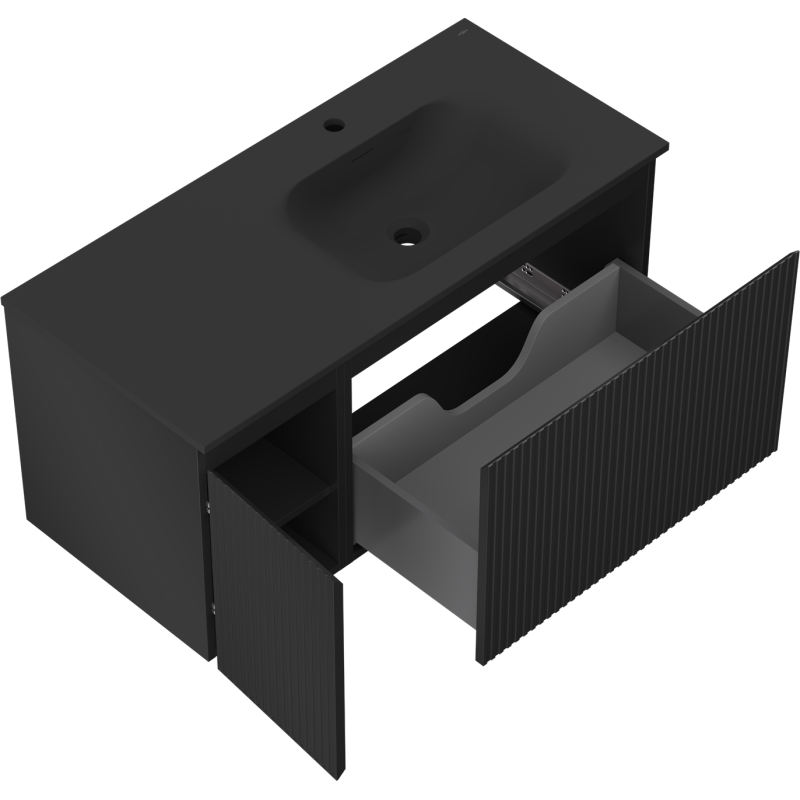 Mexen Rivel шкаф за баня 100 см с мивка Vela дясна, 1S, 1D, рифелована, черна мат - 91A23-10047-3-BBFF71-W23P71