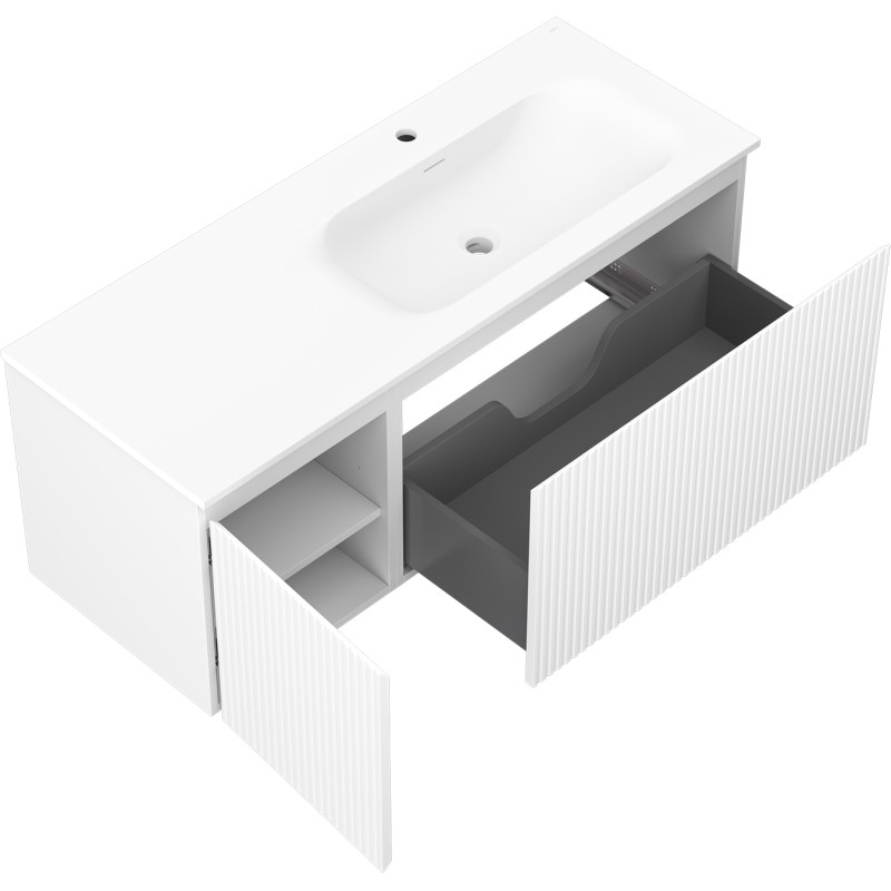 Mexen Rivel шкаф за баня 120 см с мивка Vela дясна, 1S, 1D, оребрена, бяло мат