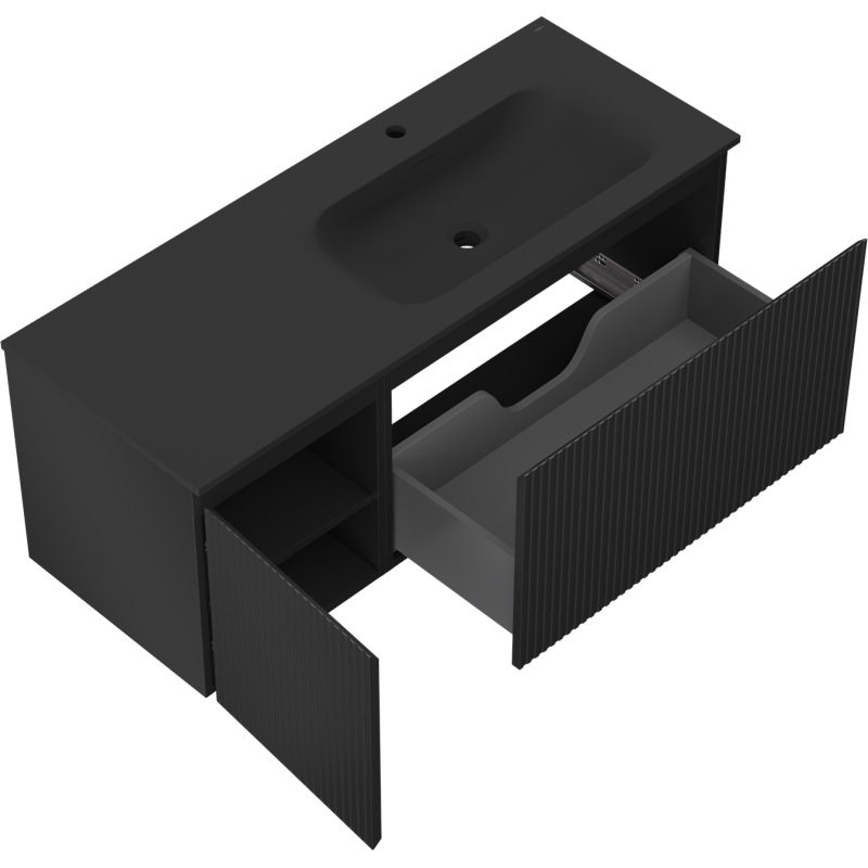 Mexen Rivel шкаф за баня 120 см с мивка Вела дясна, 1S, 1D, рифлов, черен мат