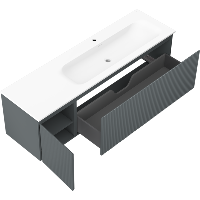Mexen Rivel шкаф за баня 160 см с мивка Vela дясна, 1S, 1D, фрезован, графит/бял мат - 91A23-16047-3-BBFF66-W23P01