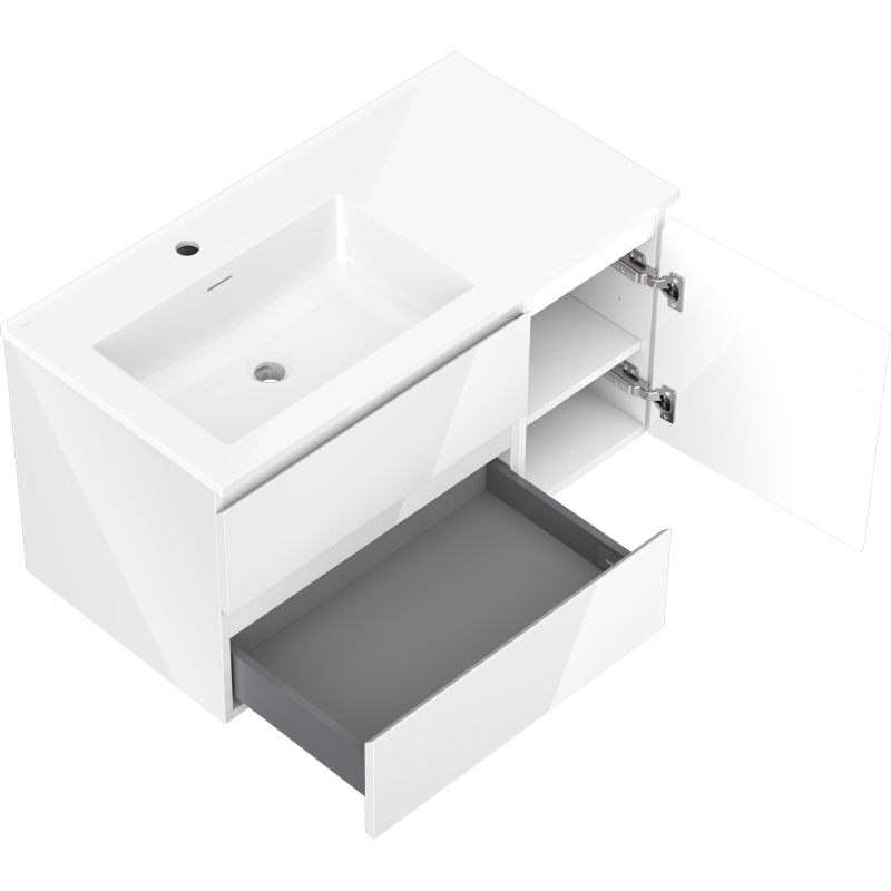 Mexen Orio шкаф за баня 90 см с мивка Otis лява, 2S, 1D, бял гланц - 91A13-09047-3-BBFFF00-W18L00