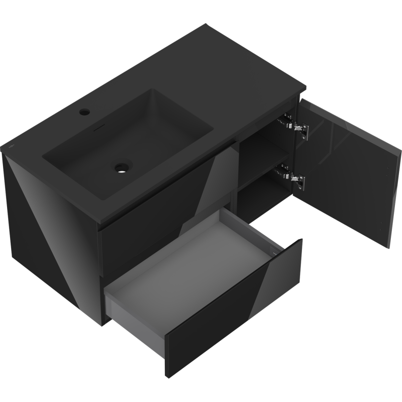 Mexen Orio шкаф за баня 90 см с мивка Otis ляв, 2S, 1D, черен гланц/черен мат