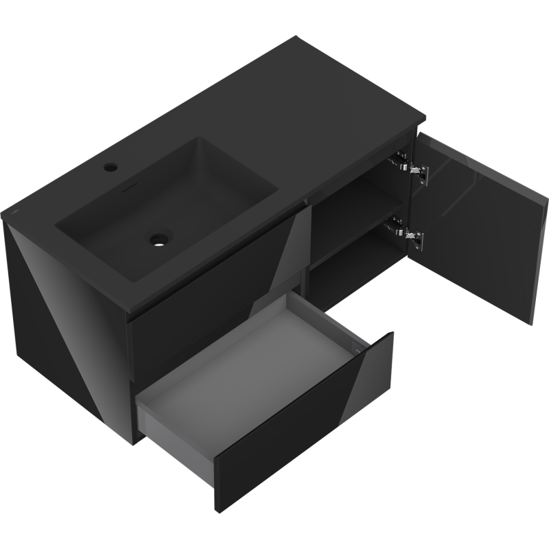Mexen Orio шкаф за баня 100 см с мивка Otis лява, 2S, 1D, черен гланц/черен мат - 91A13-10047-3-BBFFF70-W18L71