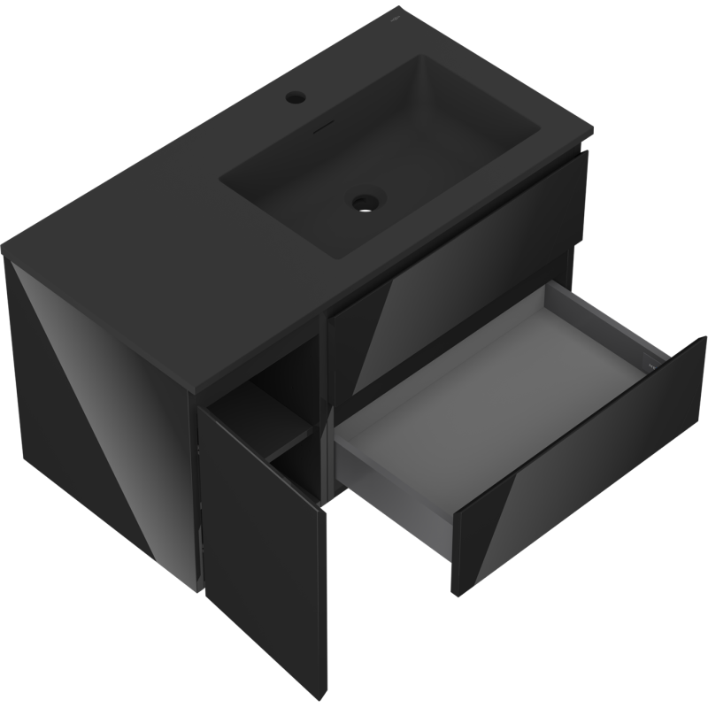 Mexen Orio баня шкаф 90 см с мивка Otis дясна, 2S, 1D, черен гланц/черен мат - 91A13-09047-3-BBFFF70-W18P71