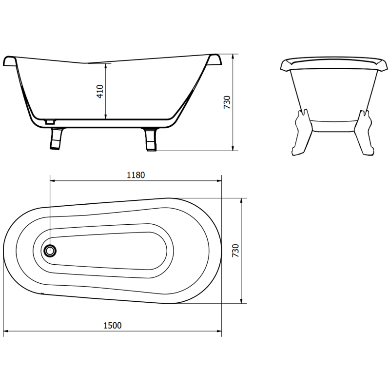 Mexen Retro Свободностояща вана 150 x 73 см, бяла, черни крака - 53251507300-70