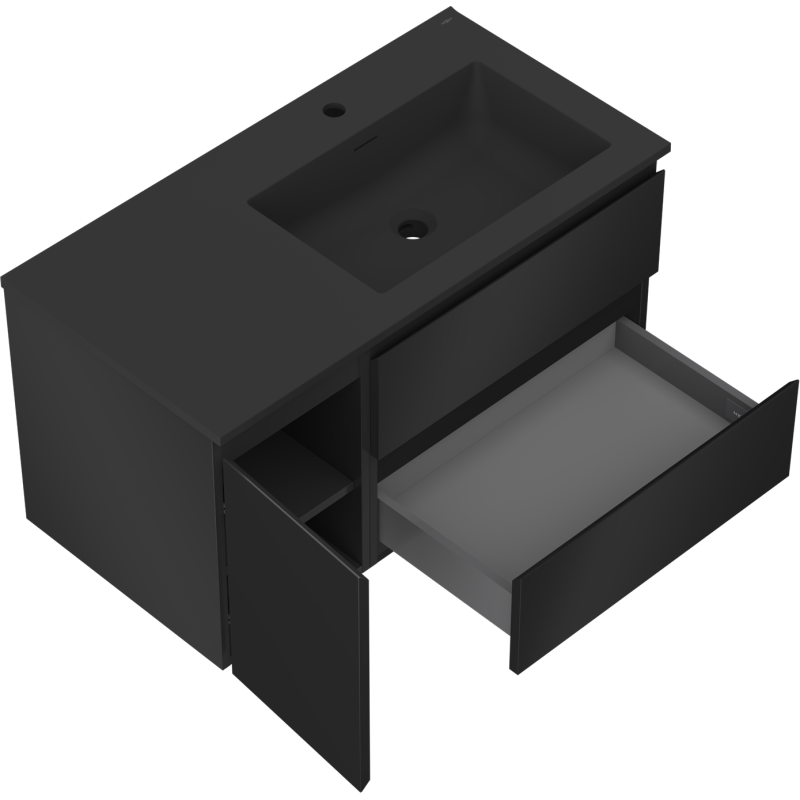 Mexen Orio шкаф за баня 90 см с мивка Otis дясна, 2S, 1D, черен мат - 91A13-09047-3-BBFFF71-W18P71