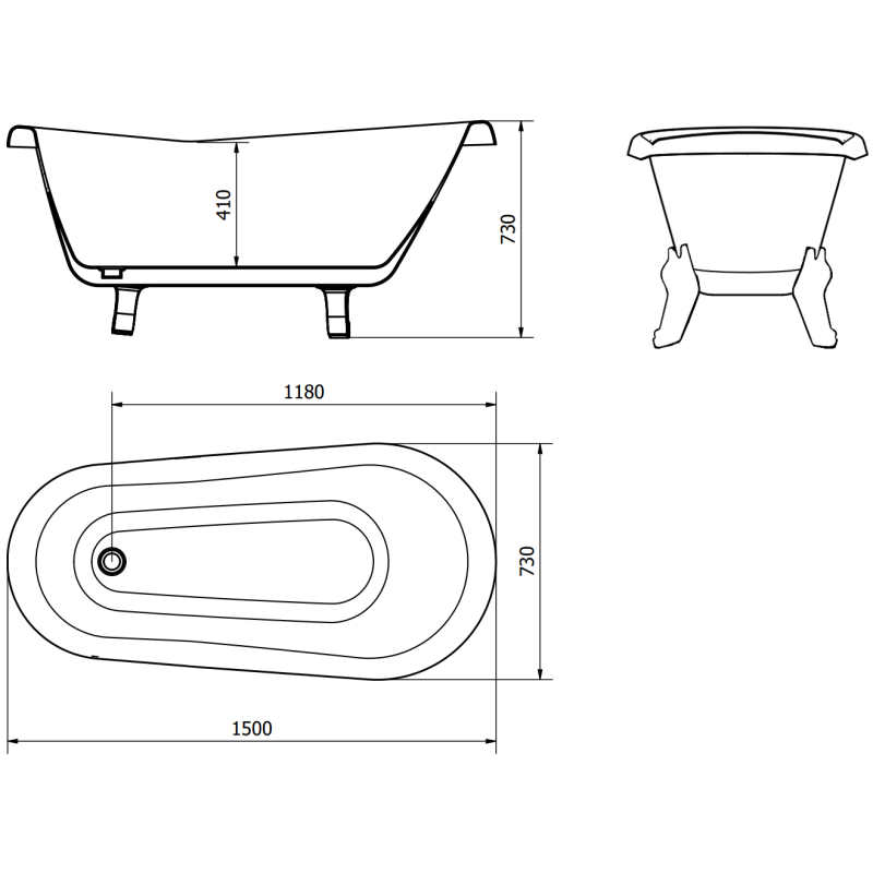 Mexen Retro самостоятелна вана 150 x 73 см, бяла/черна, хромирани крака