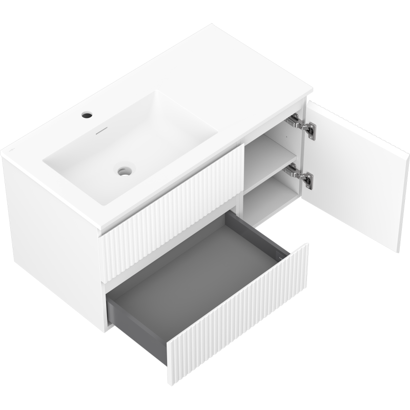 Mexen Rivel баня шкаф 90 см с мивка Otis лява, 2S, 1D, олицована, бял мат - 91A23-09047-3-BBFFF01-W18L01