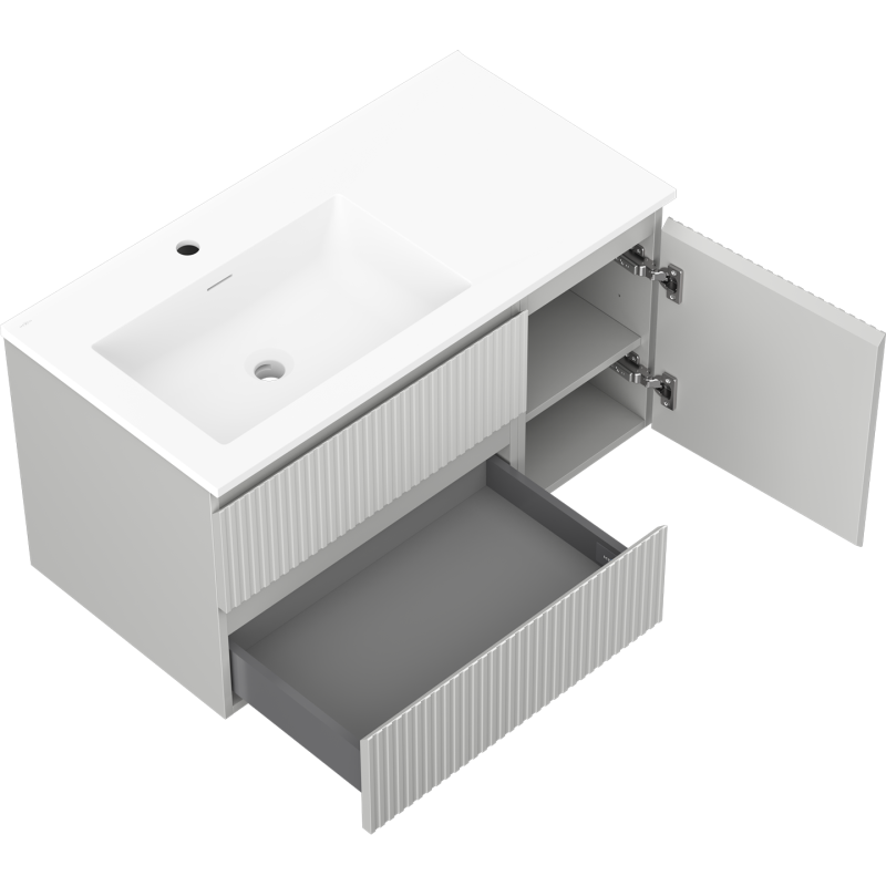Mexen Rivel баня шкаф 90 см с мивка Otis лява, 2S, 1D, рифелована, сива мат/бяла мат - 91A23-09047-3-BBFFF62-W18L01