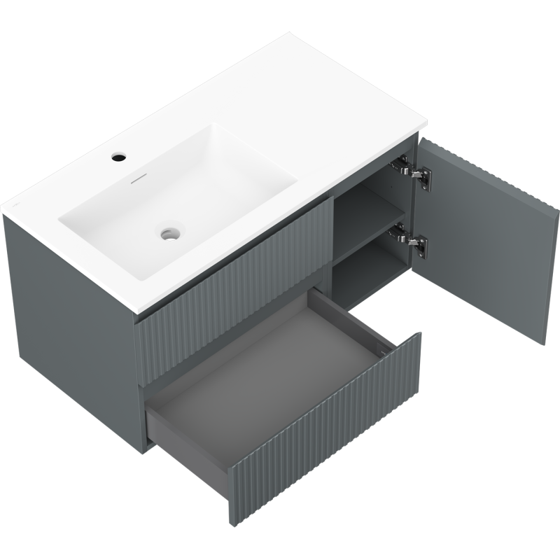 Mexen Rivel шкаф за баня 90 cm с мивка Otis лява, 2S, 1D, набраздена, графит мат/бяла мат - 91A23-09047-3-BBFFF66-W18L01