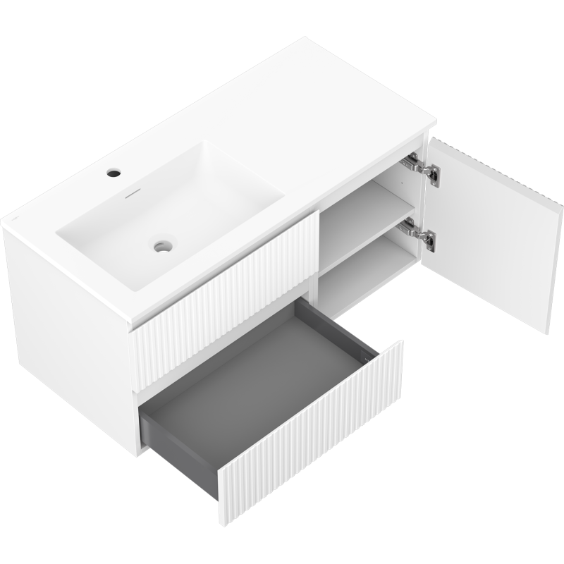 Mexen Rivel 100 см шкаф за баня с мивка Otis ляв, 2S, 1D, набразден, бял мат