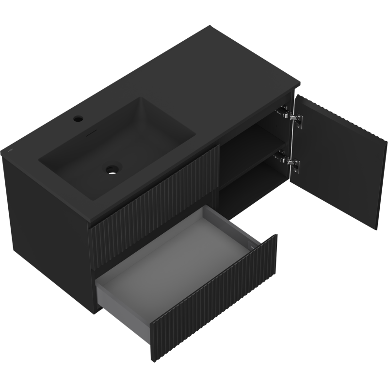 Mexen Rivel шкаф за баня 100 см с мивка Otis лява, 2S, 1D, рифелована, черен мат