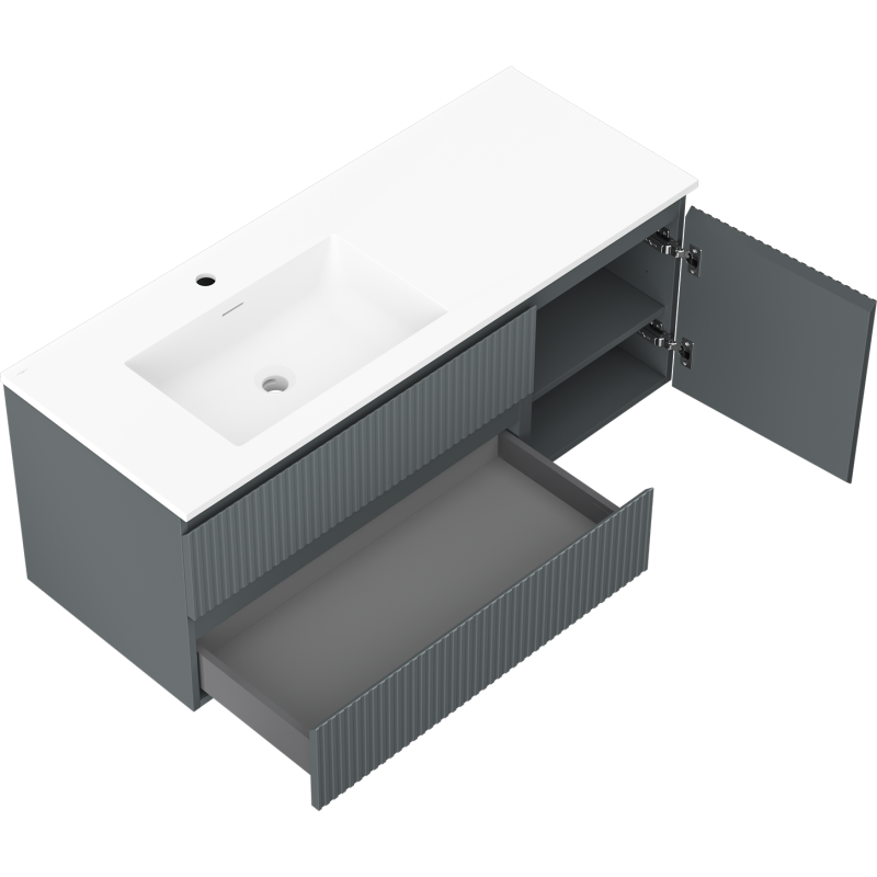 Mexen Rivel шкаф за баня 120 см с лява мивка Otis, 2S, 1D, релефен, графит/бял мат - 91A23-12047-3-BBFFF66-W18L01