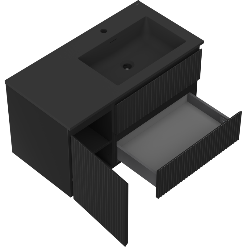 Mexen Rivel шкафче за баня 90 см с мивка Otis дясна, 2S, 1D, рифлено, черен мат - 91A23-09047-3-BBFFF71-W18P71