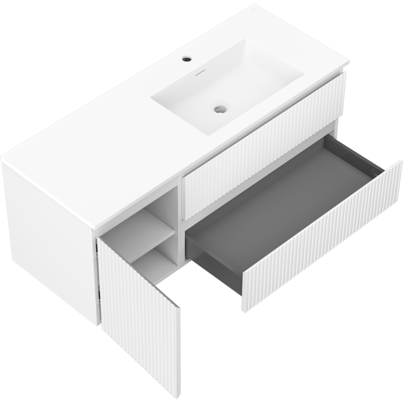 Mexen Rivel шкаф за баня 120 см с мивка Otis дясна, 2S, 1D, рифелована, бяла мат - 91A23-12047-3-BBFFF01-W18P01