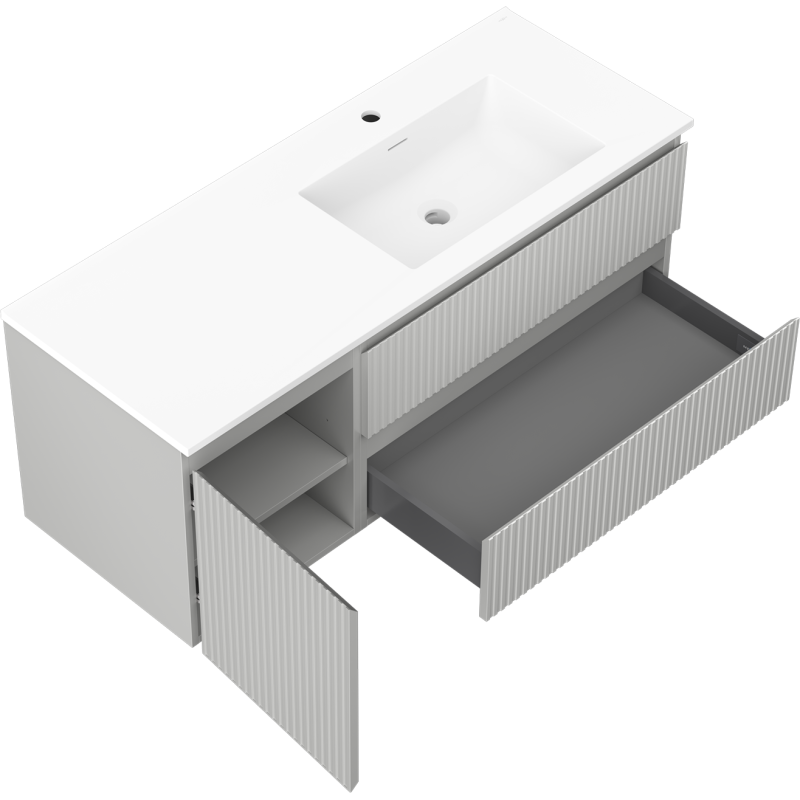 Mexen Rivel шкаф за баня 120 см с мивка Otis дясна, 2S, 1D, релефен, сив/бял мат - 91A23-12047-3-BBFFF62-W18P01