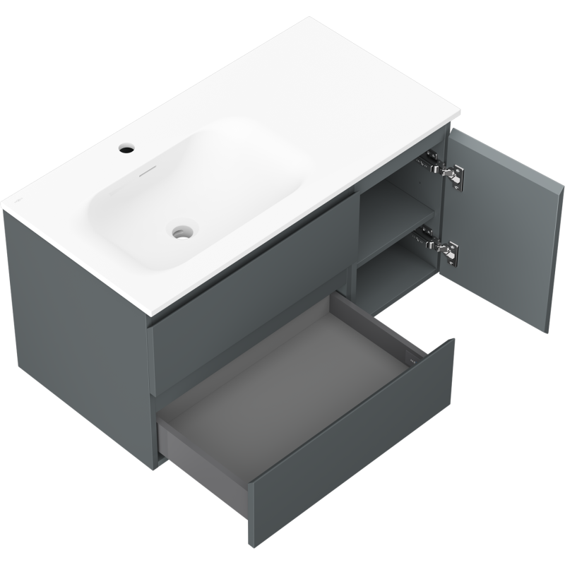 Mexen Orio шкафче за баня 90 см с мивка Vela лява, 2 чекмеджета, 1 врата, графит мат/бяло мат - 91A13-09047-3-BBFFF66-W23L01