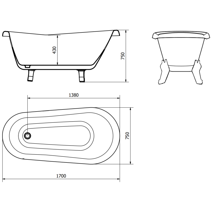 Mexen Retro самостоятелна вана 170 x 75 см, бяла, черни крака - 53251707500-70