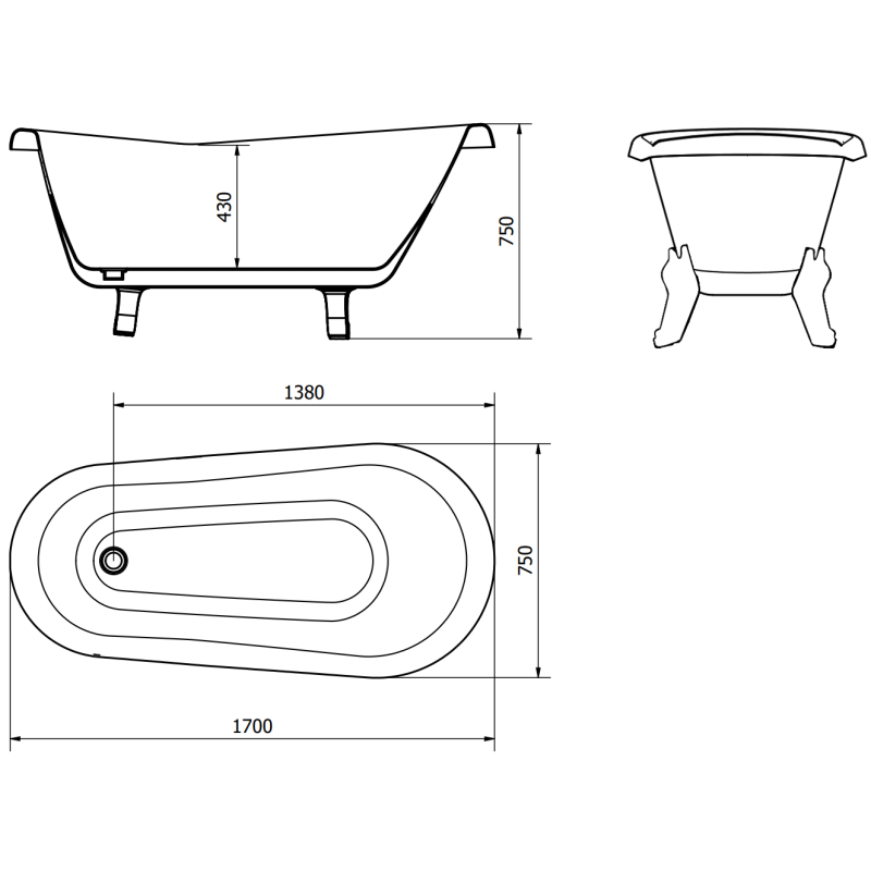 Mexen Retro свободностояща вана 170 x 75 см, бяла, черни крака - 53251707500-70