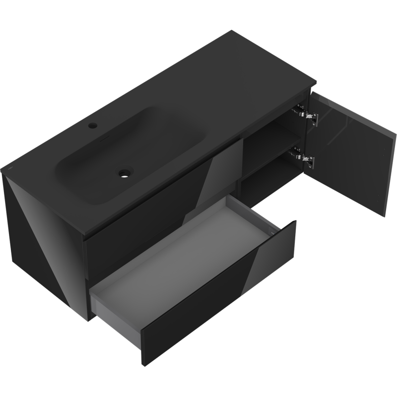 Mexen Orio шкаф за баня 120 см с мивка Vela лява, 2S, 1D, черен гланц/черен мат - 91A13-12047-3-BBFFF70-W23L71