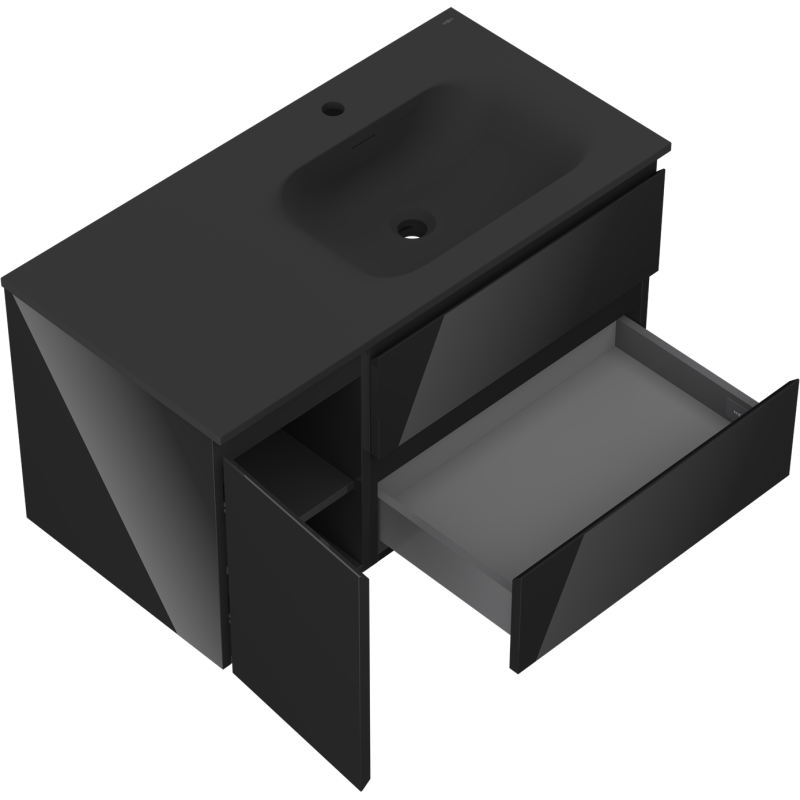 Mexen Orio шкаф за баня 90 см с мивка Vela дясна, 2S, 1D, черен гланц/черен мат - 91A13-09047-3-BBFFF70-W23P71