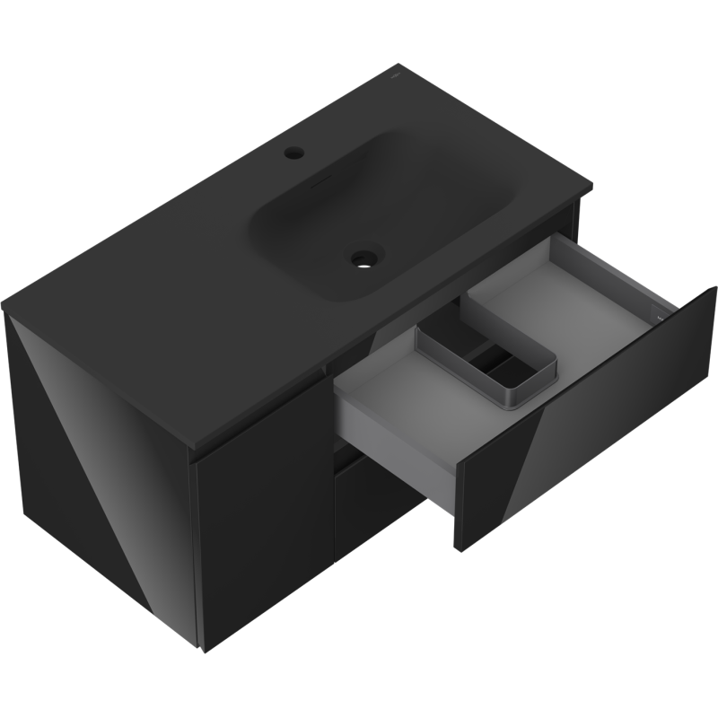 Mexen Orio шкаф за баня 90 см с мивка Vela дясна, 2S, 1D, черен гланц/черен мат - 91A13-09047-3-BBFFF70-W23P71