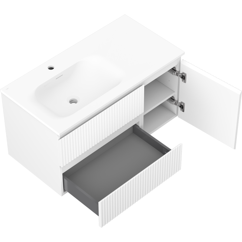 Mexen Rivel шкаф за баня 90 см с мивка Vela лява, 2S, 1D, набраздена, бял мат - 91A23-09047-3-BBFFF01-W23L01