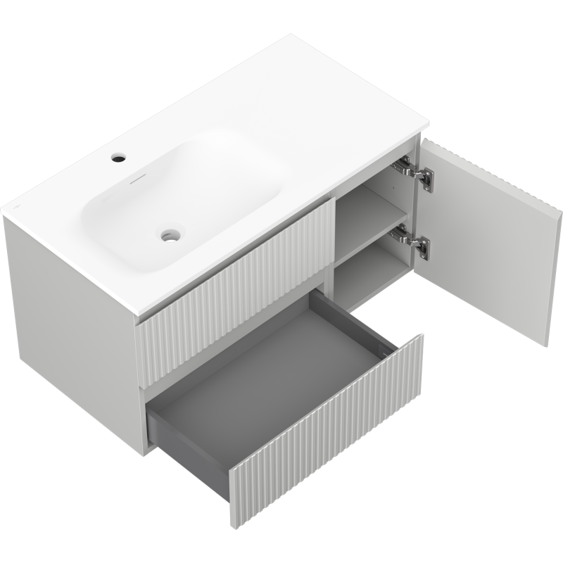 Mexen Rivel баня шкаф 90 см с мивка Vela лява, 2S, 1D, канелирана, сив мат/бял мат - 91A23-09047-3-BBFFF62-W23L01