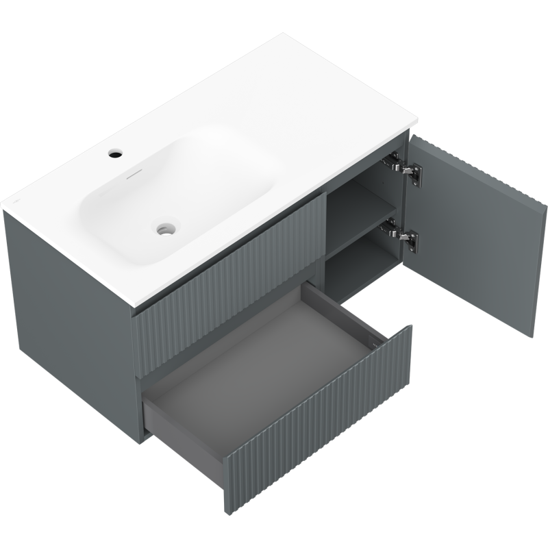 Mexen Rivel 90 см шкаф за баня с мивка Vela лява, 2S, 1D, рифелова, графит мат/бяла мат - 91A23-09047-3-BBFFF66-W23L01